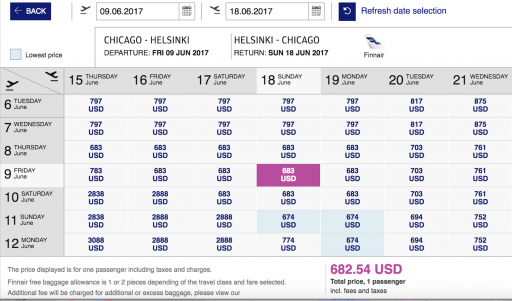 Finnair Example Chicago-Helsinki